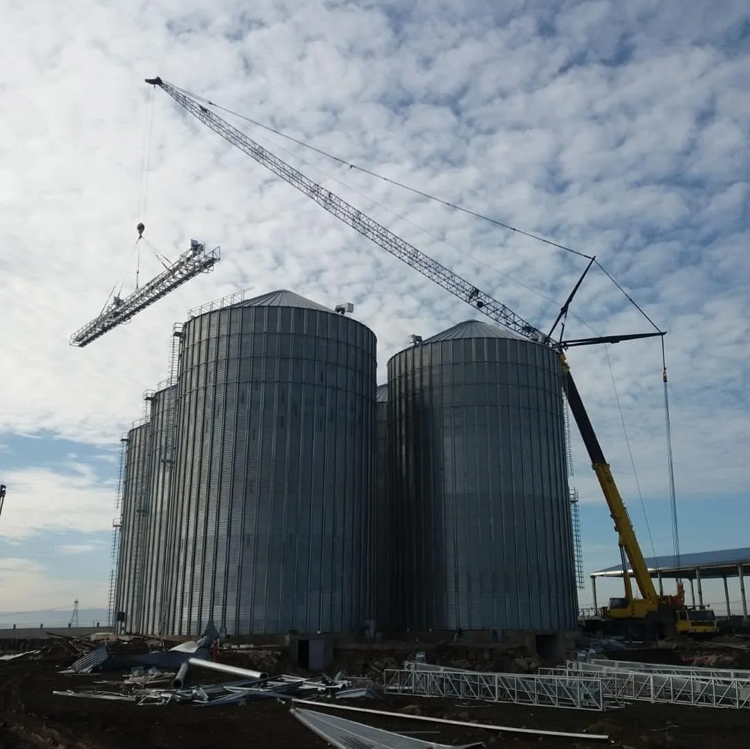 Endüstriyel silo montajında çalışan mobil vinç